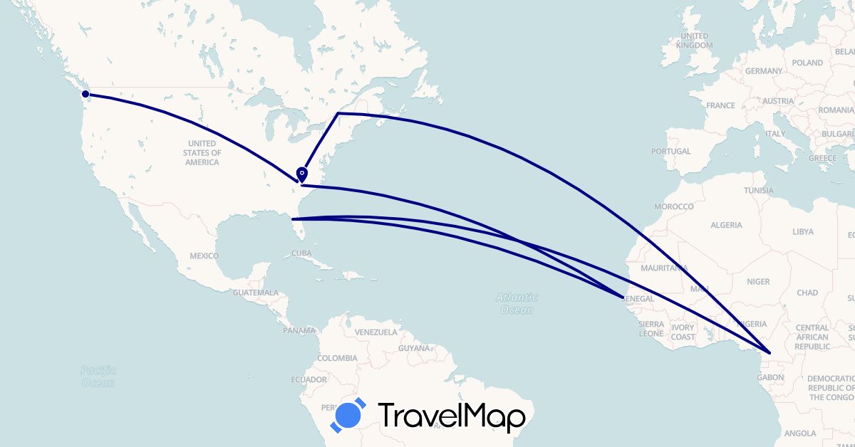TravelMap itinerary: driving in Canada, Cameroon, Senegal, United States (Africa, North America)